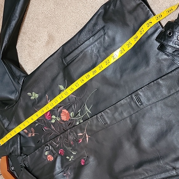 Black Leather Jacket and Skirt Set with Floral Embroidery - Picture 6 of 16